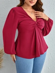 SHEIN Clasi Plus Twist Front Lantern Sleeve Blouse - Rose Red - View 4