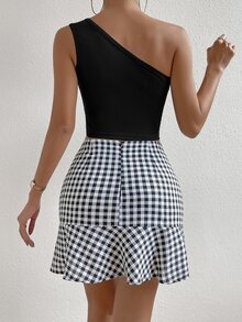 SHEIN Essnce Top crop de un hombro & Falda de guingán bajo con fruncido - Blanco y Negro - Ver 2