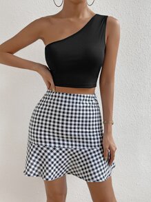 SHEIN Essnce Top crop de un hombro & Falda de guingán bajo con fruncido - Blanco y Negro - Ver 5
