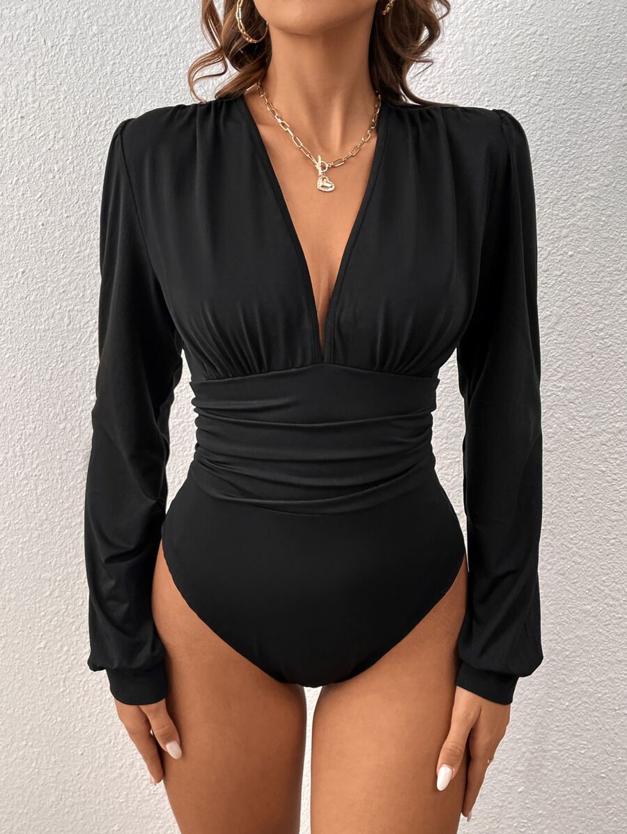 SHEIN Tall Plunging Neck Ruched Bodysuit - Black - View 1