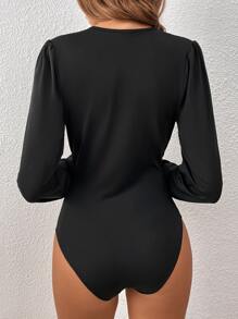 SHEIN Tall Plunging Neck Ruched Bodysuit - Black - View 2