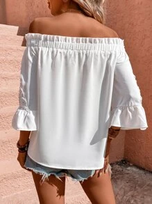Breezaya Off Shoulder Guipure Lace Insert Flounce Sleeve Blouse - White - View 2