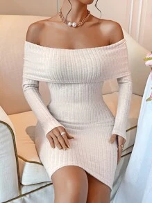 SHEIN Privé Off Shoulder Bodycon Dress - Beige - View 3