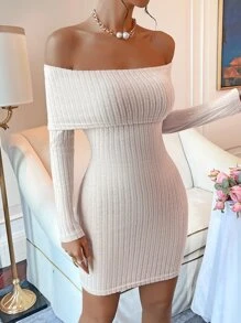 SHEIN Privé Off Shoulder Bodycon Dress - Beige - View 4