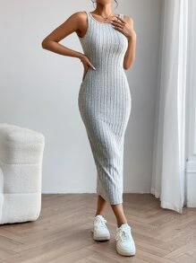 SHEIN PETITE Solid Tank Dress - Light Grey - View 4