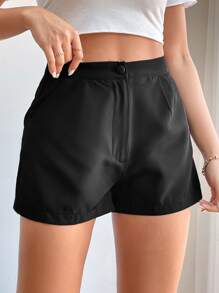 SHEIN PETITE Solid Slant Pocket Dress Shorts - Black - View 3