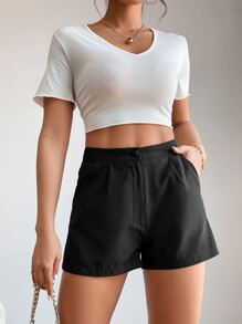 SHEIN PETITE Solid Slant Pocket Dress Shorts - Black - View 5