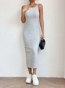 SHEIN PETITE Solid Tank Dress - Light Grey - View 3