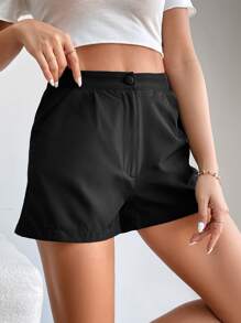 SHEIN PETITE Solid Slant Pocket Dress Shorts - Black - View 6