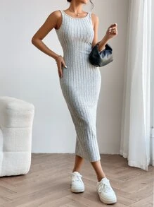 SHEIN PETITE Solid Tank Dress - Light Grey - View 5