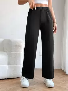 SHEIN PETITE Elastic Waist Straight Leg Trousers - Black - View 2