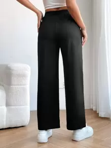 SHEIN PETITE Elastic Waist Straight Leg Trousers - Black - View 4