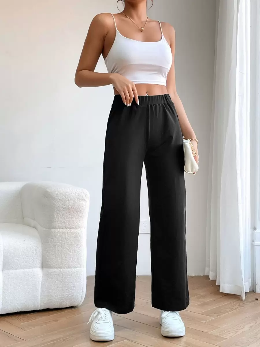 SHEIN PETITE Elastic Waist Straight Leg Trousers - Black - View 1