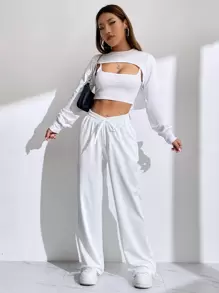 SHEIN EZwear Quần thể thao nữ Dây kéo màu trơn - trắng - Xem 4