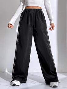 Muchica Casual Versatile Contrast Trim Regular Pants - Black - View 3
