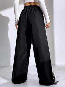 Muchica Casual Versatile Contrast Trim Regular Pants - Black - View 2