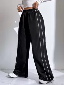 Muchica Casual Versatile Contrast Trim Regular Pants - Black - View 4