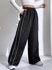 Muchica Casual Versatile Contrast Trim Regular Pants - Black - View 5