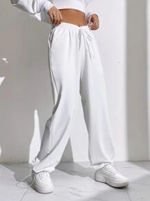 SHEIN EZwear Quần thể thao nữ Dây kéo màu trơn - trắng - Xem 6