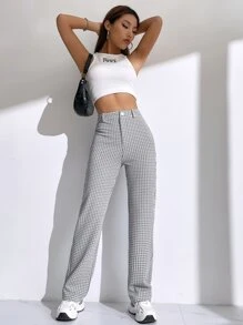 SHEIN EZwear 格紋印花高腰長褲 - 白色 - 查看 7