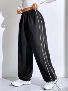 Muchica Casual Versatile Contrast Trim Regular Pants - Black - View 1