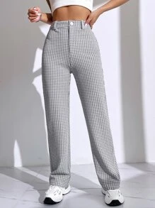 SHEIN EZwear Plus Size Women's Plaid Straight Loose Casual Pants