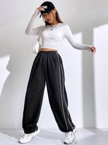 Muchica Casual Versatile Contrast Trim Regular Pants - Black - View 7