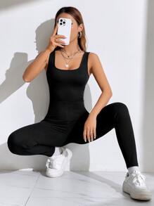 SHEIN EZwear Balletcore Solid Unitard Jumpsuit - Black - View 7