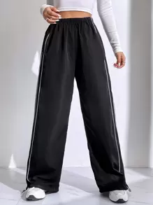Muchica Casual Versatile Contrast Trim Regular Pants - Black - View 6
