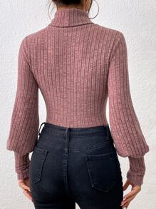 SHEIN Privé Turtle Neck Bishop Sleeve Bodysuit - Dusty Pink - View 2