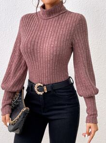 SHEIN Privé Turtle Neck Bishop Sleeve Bodysuit - Dusty Pink - View 5