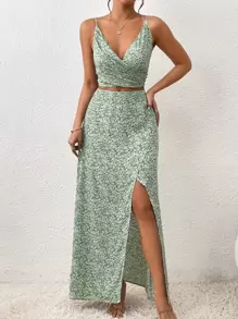 SHEIN Frenchy 碎花吊帶上衣和高衩半身裙