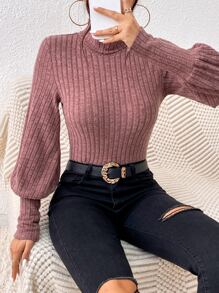 SHEIN Privé Turtle Neck Bishop Sleeve Bodysuit - Dusty Pink - View 6