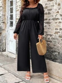 SHEIN LUNE Mono de pierna ancha de malla en contraste de manga farol ribete con fruncido - Negro - Ver 4