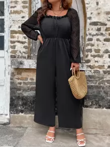 SHEIN LUNE Mono de pierna ancha de malla en contraste de manga farol ribete con fruncido - Negro - Ver 1