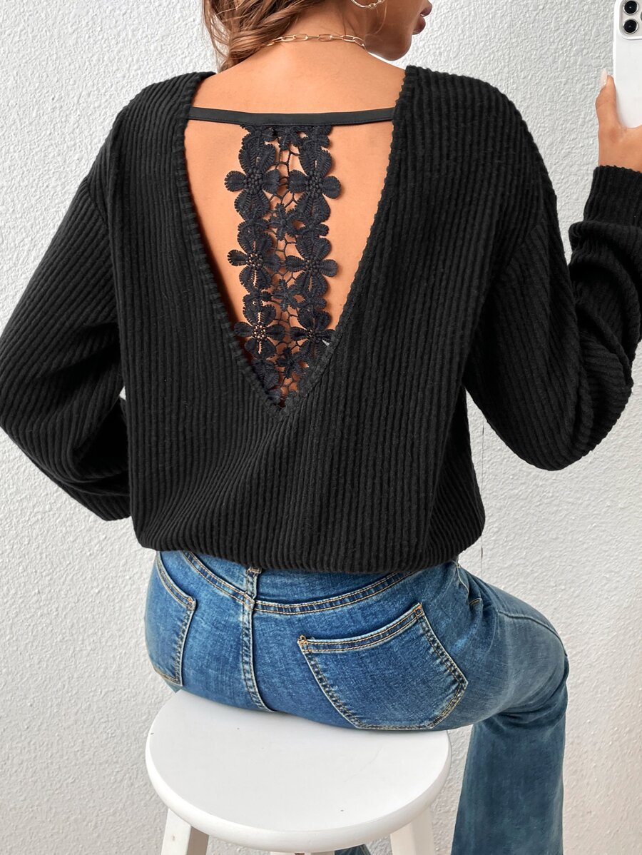 SHEIN Frenchy Guipure Lace Insert Drop Shoulder Tee - Black - View 1