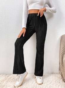 SHEIN EZwear Solid Textured Flare Leg Trousers - Black - View 4