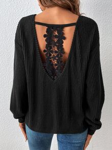 SHEIN Frenchy Guipure Lace Insert Drop Shoulder Tee - Black - View 5