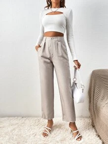 SHEIN Frenchy High Waist Plicated Detail Suit Pants - Apricot - View 5