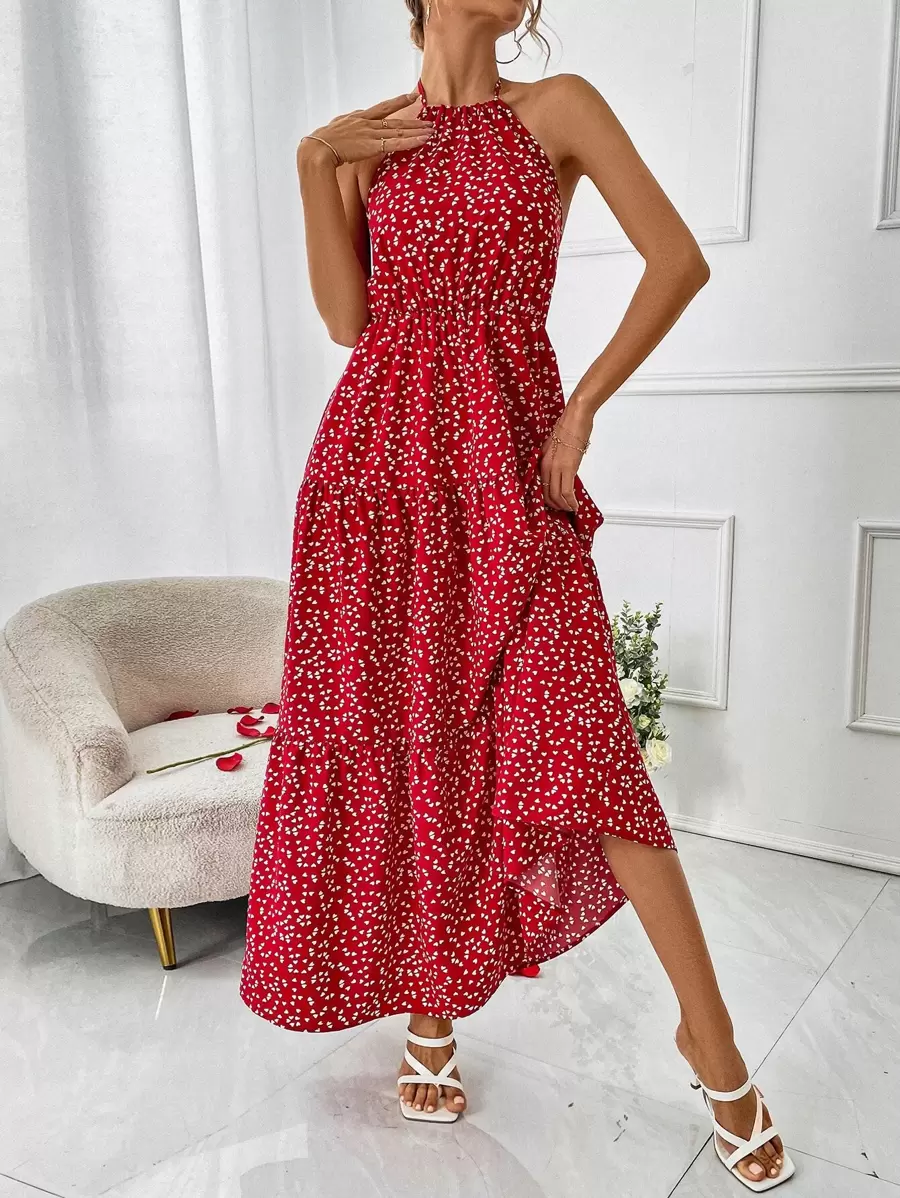 SHEIN VCAY Vestido con estampado de corazón de espalda abierta con cordón bajo con fruncido