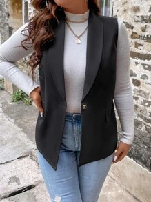 SHEIN LUNE Plus Shawl Collar Single Button Vest Blazer - Black - View 3