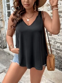 SHEIN LUNE Plus Contrast Lace Trim Tank Top Graphic Cheetah Print Tees Women Tops - Black - View 5