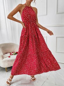 SHEIN VCAY Vestido con estampado de corazón de espalda abierta con cordón bajo con fruncido