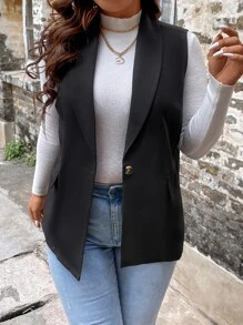 SHEIN LUNE Plus Shawl Collar Single Button Vest Blazer - Black - View 5