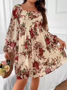 Breezaya Plus Floral Print Square Neck Lantern Sleeve Dress - Multicolor - View 1