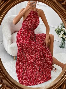 SHEIN VCAY Vestido con estampado de corazón de espalda abierta con cordón bajo con fruncido