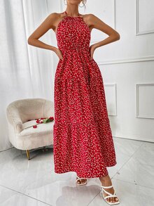 SHEIN VCAY Vestido con estampado de corazón de espalda abierta con cordón bajo con fruncido