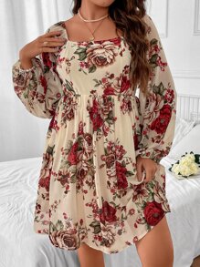 Breezaya Plus Floral Print Square Neck Lantern Sleeve Dress - Multicolor - View 3