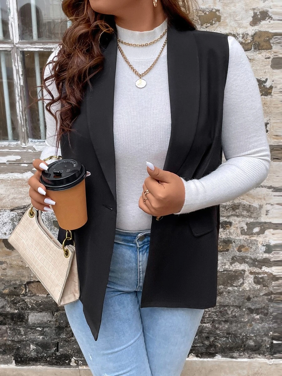 SHEIN LUNE Plus Shawl Collar Single Button Vest Blazer - Black - View 1