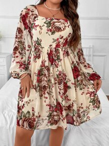 Breezaya Plus Floral Print Square Neck Lantern Sleeve Dress - Multicolor - View 4